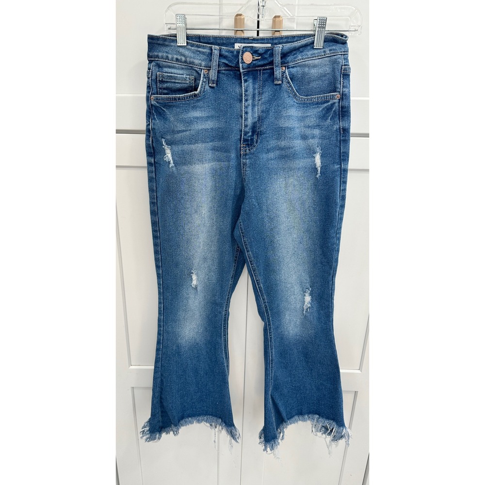 YMI Dream High Rise Flare Jeans Distressed Raw Hem Medium‎ Wash Blue Size 11/30